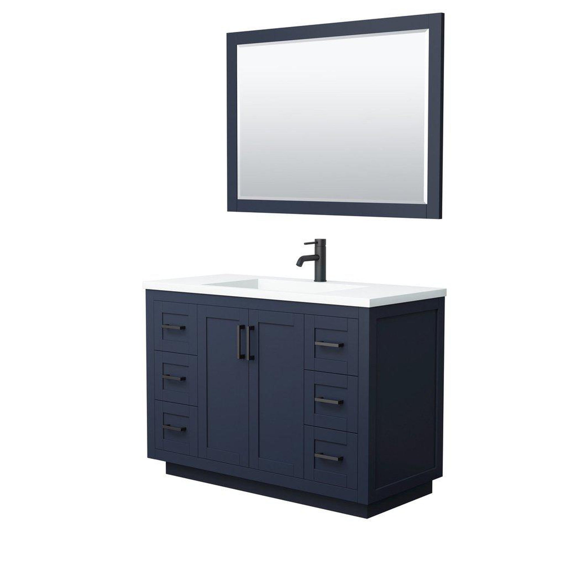 Wyndham Collection Miranda 48" Single Bathroom Dark Blue Vanity Set With 1.25" Thick Matte White Solid Surface Countertop, Integrated Sink, 46" Mirror And Matte Black Trim