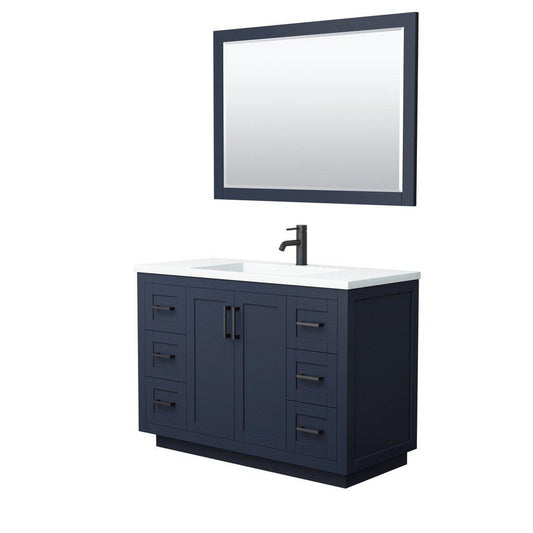 Wyndham Collection Miranda 48" Single Bathroom Dark Blue Vanity Set With 1.25" Thick Matte White Solid Surface Countertop, Integrated Sink, 46" Mirror And Matte Black Trim