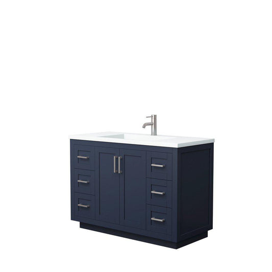 Wyndham Collection Miranda 48" Single Bathroom Dark Blue Vanity Set With 1.25" Thick Matte White Solid Surface Countertop, Integrated Sink, And Brushed Nickel Trim