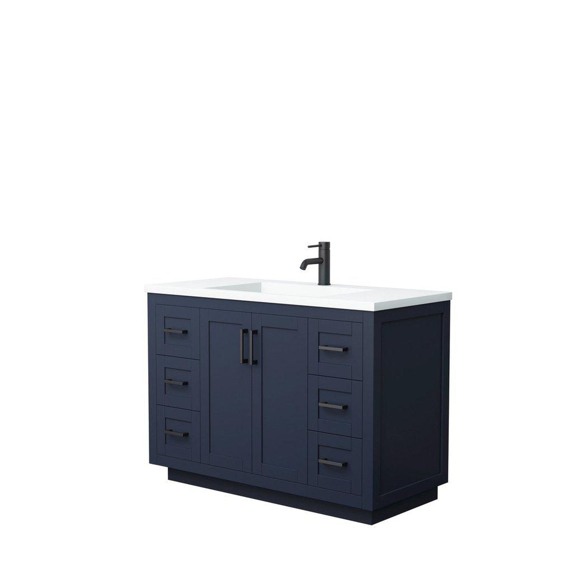 Wyndham Collection Miranda 48" Single Bathroom Dark Blue Vanity Set With 1.25" Thick Matte White Solid Surface Countertop, Integrated Sink, And Matte Black Trim