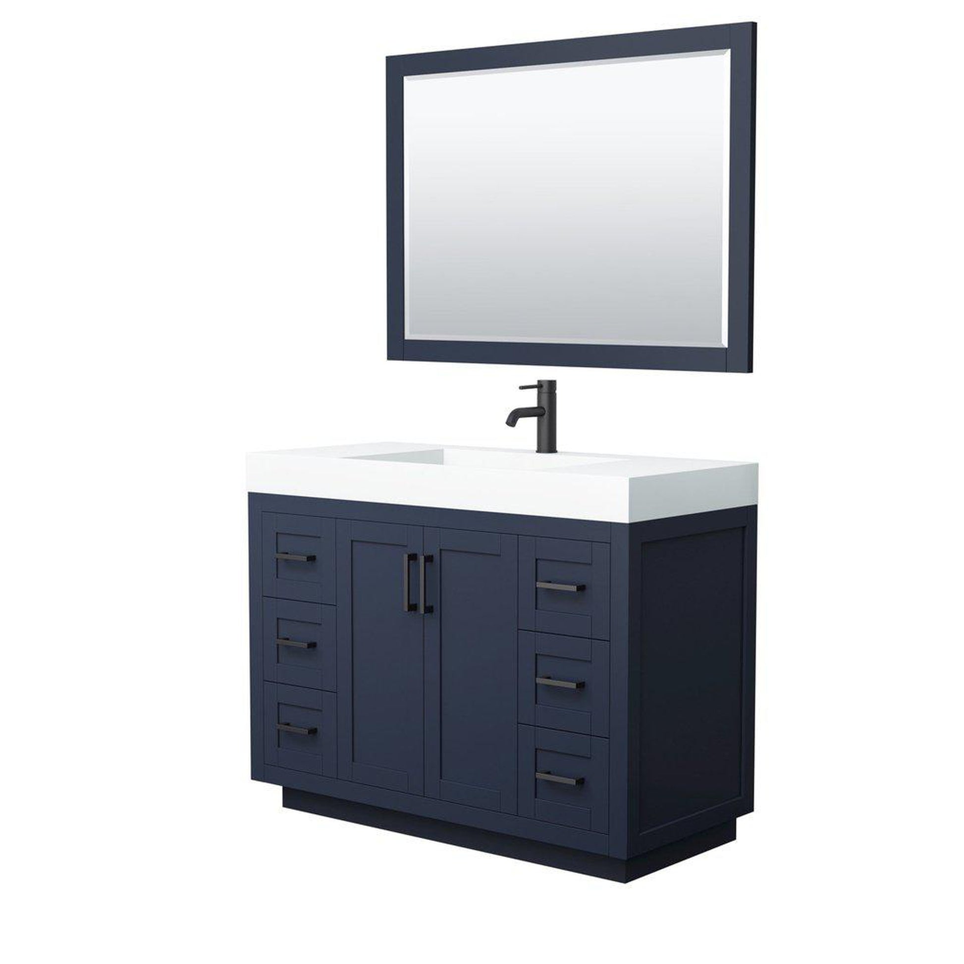 Wyndham Collection Miranda 48" Single Bathroom Dark Blue Vanity Set With 4" Thick Matte White Solid Surface Countertop, Integrated Sink, 46" Mirror And Matte Black Trim