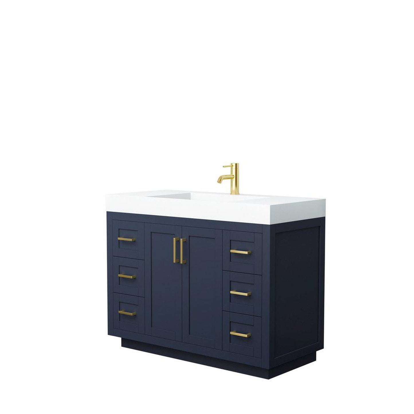 Wyndham Collection Miranda 48" Single Bathroom Dark Blue Vanity Set With 4" Thick Matte White Solid Surface Countertop, Integrated Sink, And Brushed Gold Trim