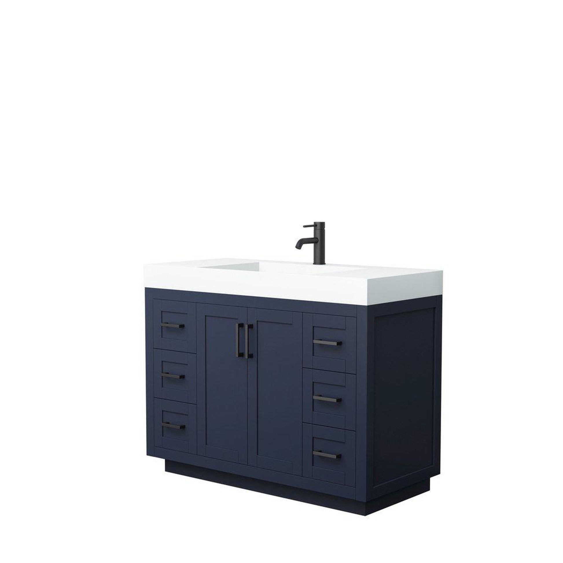 Wyndham Collection Miranda 48" Single Bathroom Dark Blue Vanity Set With 4" Thick Matte White Solid Surface Countertop, Integrated Sink, And Matte Black Trim
