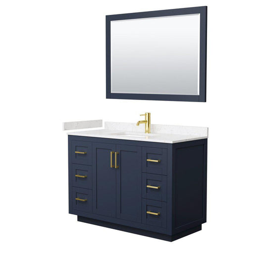 Wyndham Collection Miranda 48" Single Bathroom Dark Blue Vanity Set With Light-Vein Carrara Cultured Marble Countertop, Undermount Square Sink, 46" Mirror And Brushed Gold Trim