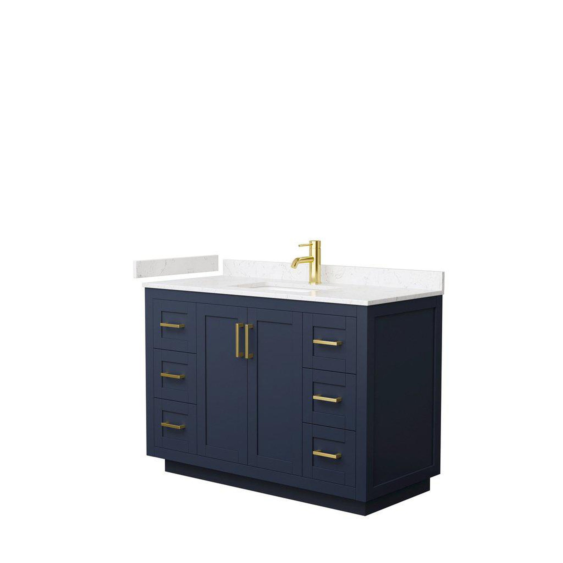 Wyndham Collection Miranda 48" Single Bathroom Dark Blue Vanity Set With Light-Vein Carrara Cultured Marble Countertop, Undermount Square Sink, And Brushed Gold Trim