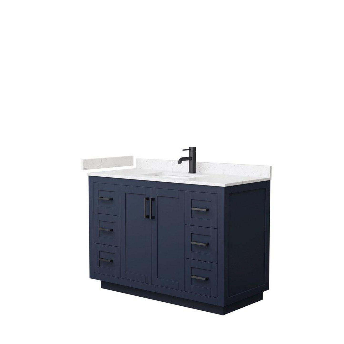 Wyndham Collection Miranda 48" Single Bathroom Dark Blue Vanity Set With Light-Vein Carrara Cultured Marble Countertop, Undermount Square Sink, And Matte Black Trim