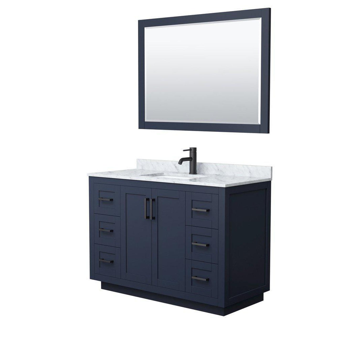 Wyndham Collection Miranda 48" Single Bathroom Dark Blue Vanity Set With White Carrara Marble Countertop, Undermount Square Sink, 46" Mirror And Matte Black Trim