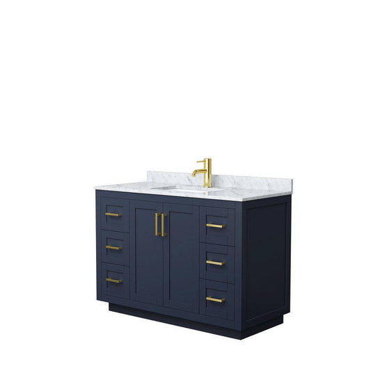 Wyndham Collection Miranda 48" Single Bathroom Dark Blue Vanity Set With White Carrara Marble Countertop, Undermount Square Sink, And Brushed Gold Trim