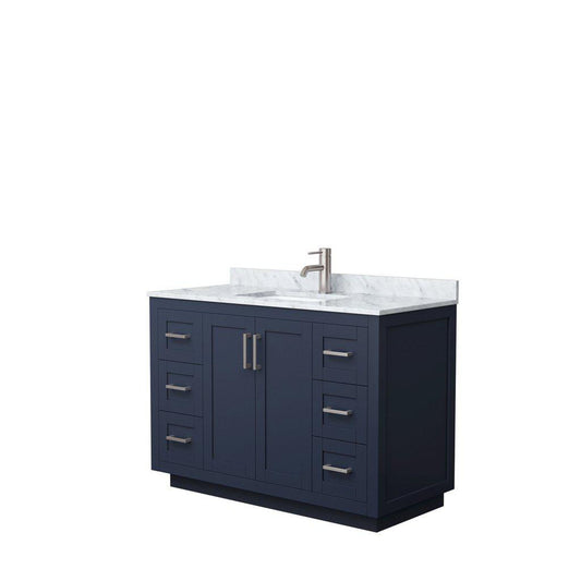 Wyndham Collection Miranda 48" Single Bathroom Dark Blue Vanity Set With White Carrara Marble Countertop, Undermount Square Sink, And Brushed Nickel Trim