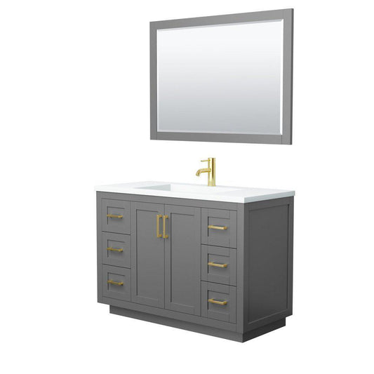 Wyndham Collection Miranda 48" Single Bathroom Dark Gray Vanity Set With 1.25" Thick Matte White Solid Surface Countertop, Integrated Sink, 46" Mirror And Brushed Gold Trim