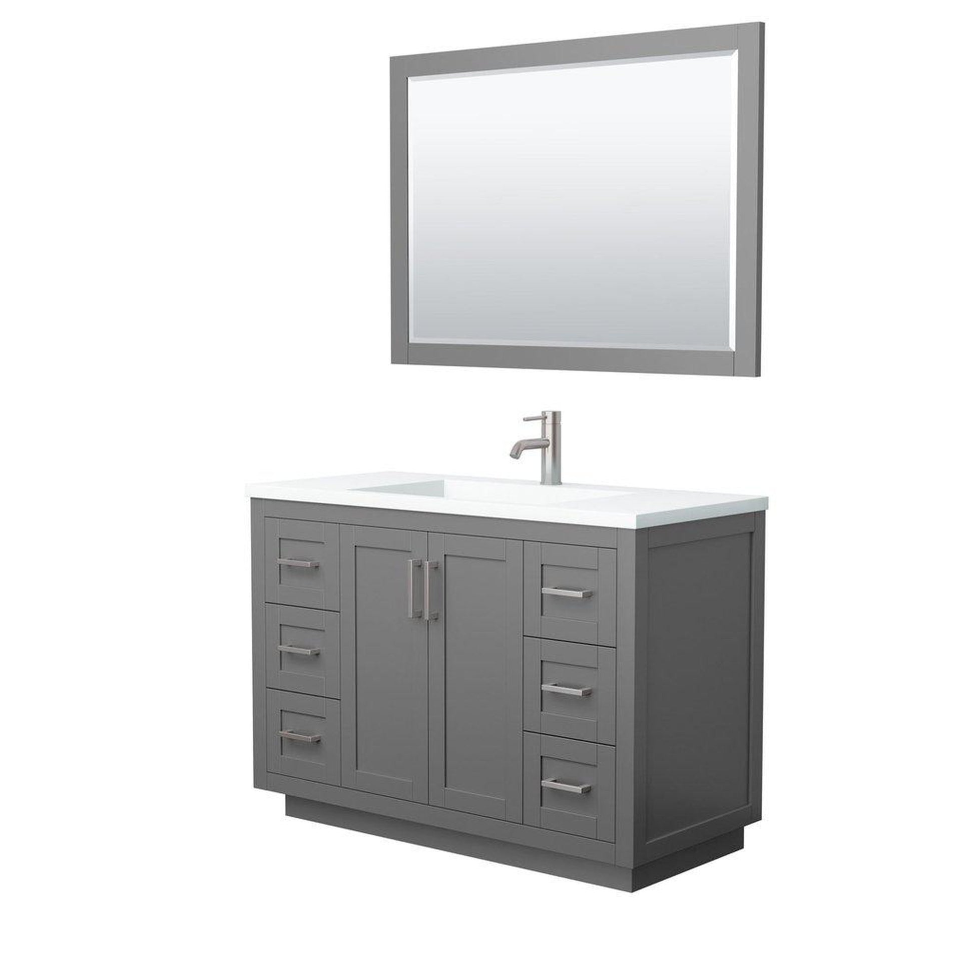 Wyndham Collection Miranda 48" Single Bathroom Dark Gray Vanity Set With 1.25" Thick Matte White Solid Surface Countertop, Integrated Sink, 46" Mirror And Brushed Nickel Trim
