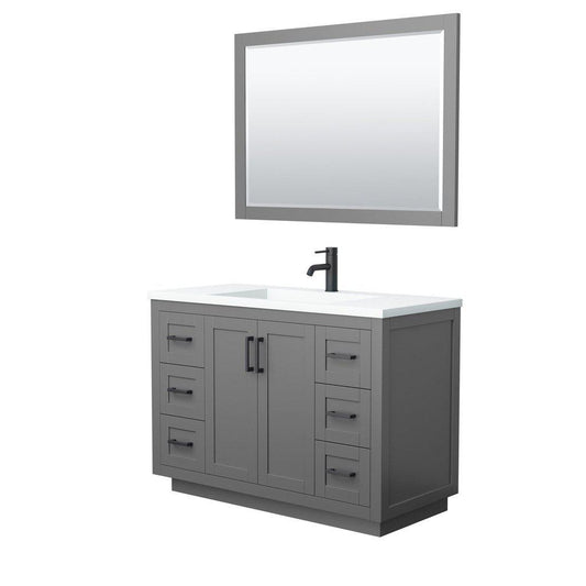 Wyndham Collection Miranda 48" Single Bathroom Dark Gray Vanity Set With 1.25" Thick Matte White Solid Surface Countertop, Integrated Sink, 46" Mirror And Matte Black Trim