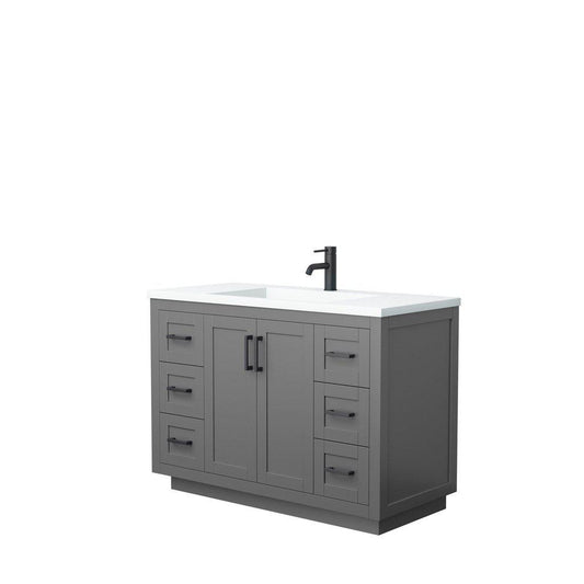 Wyndham Collection Miranda 48" Single Bathroom Dark Gray Vanity Set With 1.25" Thick Matte White Solid Surface Countertop, Integrated Sink, And Matte Black Trim