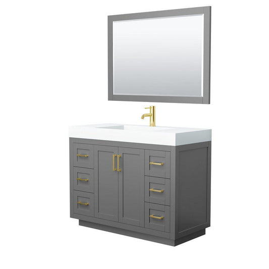Wyndham Collection Miranda 48" Single Bathroom Dark Gray Vanity Set With 4" Thick Matte White Solid Surface Countertop, Integrated Sink, 46" Mirror And Brushed Gold Trim