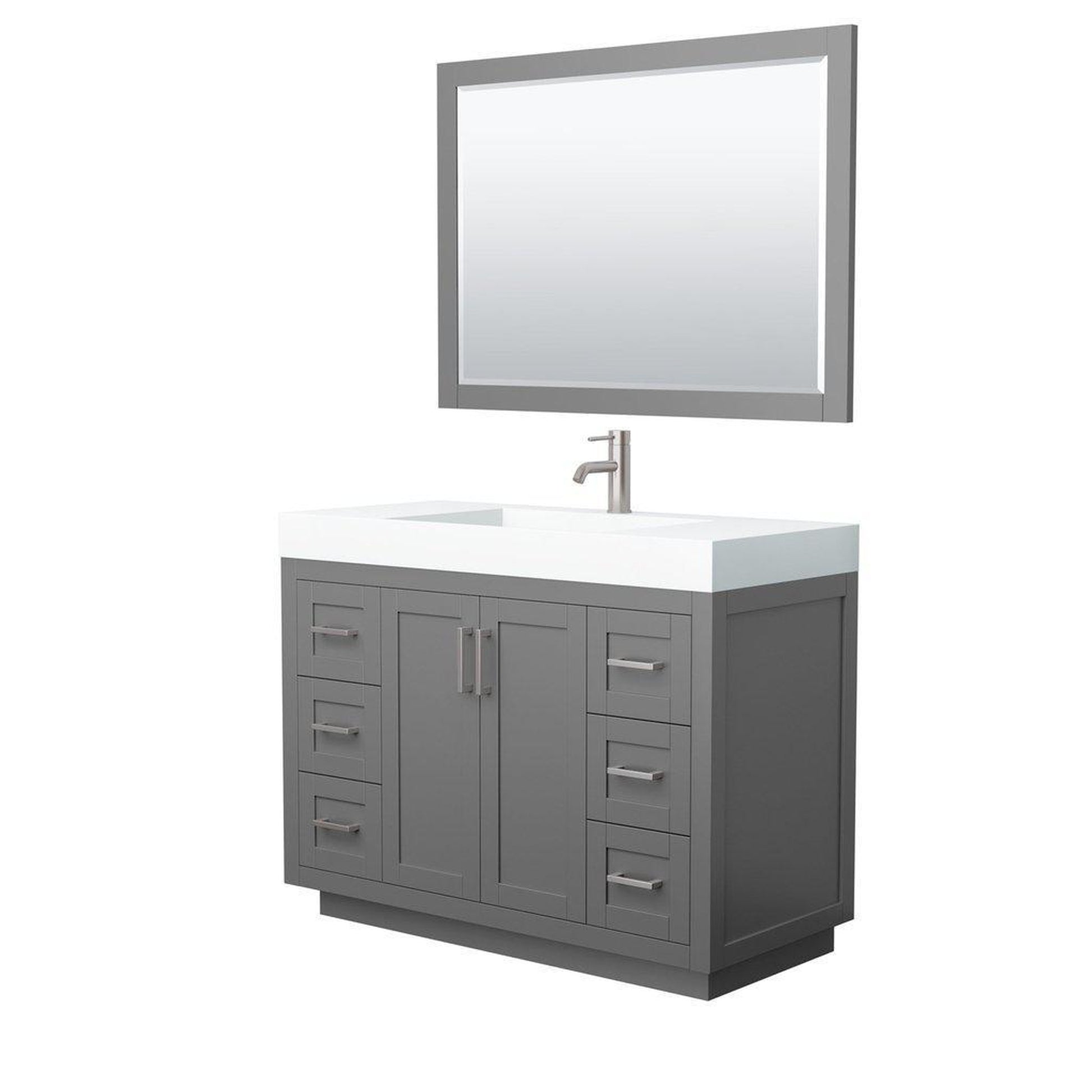 Wyndham Collection Miranda 48" Single Bathroom Dark Gray Vanity Set With 4" Thick Matte White Solid Surface Countertop, Integrated Sink, 46" Mirror And Brushed Nickel Trim