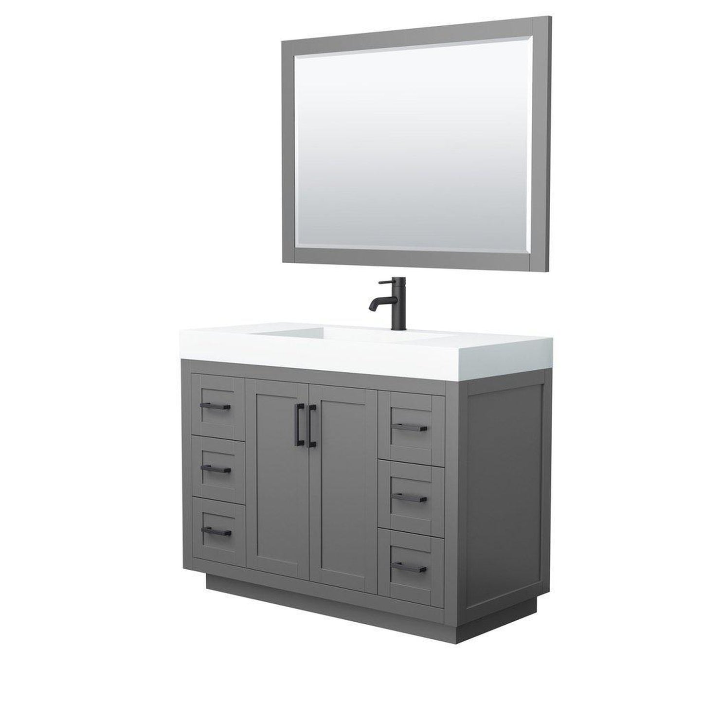 Wyndham Collection Miranda 48" Single Bathroom Dark Gray Vanity Set With 4" Thick Matte White Solid Surface Countertop, Integrated Sink, 46" Mirror And Matte Black Trim