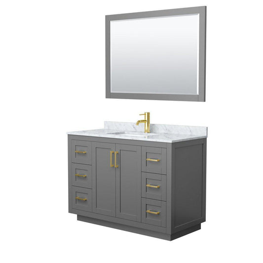Wyndham Collection Miranda 48" Single Bathroom Dark Gray Vanity Set With White Carrara Marble Countertop, Undermount Square Sink, 46" Mirror And Brushed Gold Trim