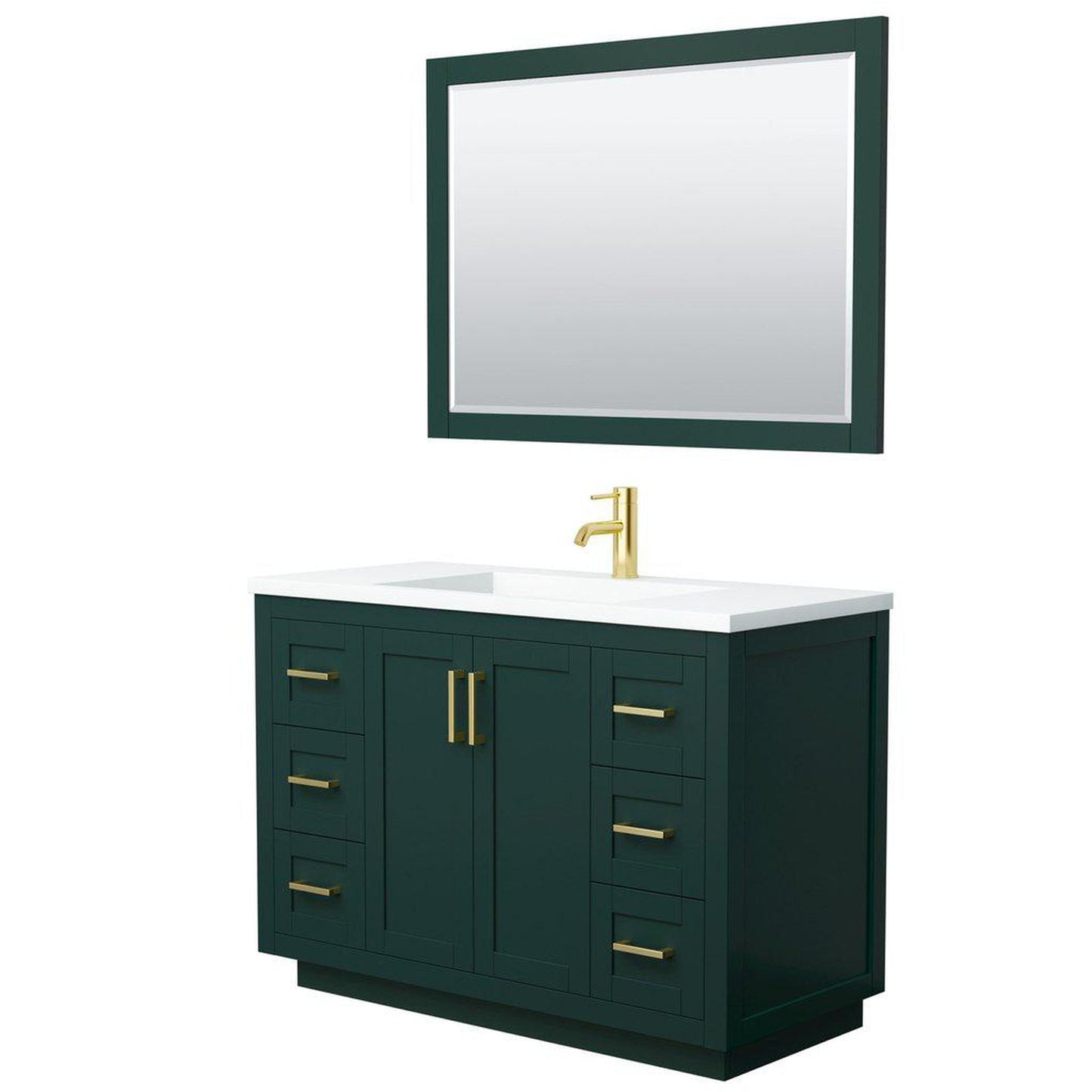 Wyndham Collection Miranda 48" Single Bathroom Green Vanity Set With 1.25" Thick Matte White Solid Surface Countertop, Integrated Sink, 46" Mirror And Brushed Gold Trim