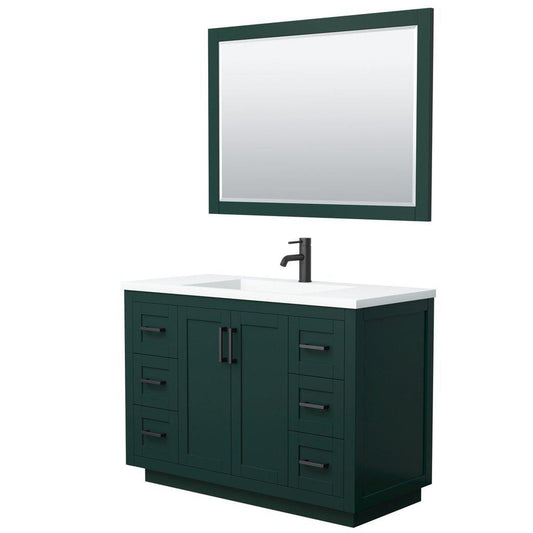 Wyndham Collection Miranda 48" Single Bathroom Green Vanity Set With 1.25" Thick Matte White Solid Surface Countertop, Integrated Sink, 46" Mirror And Matte Black Trim