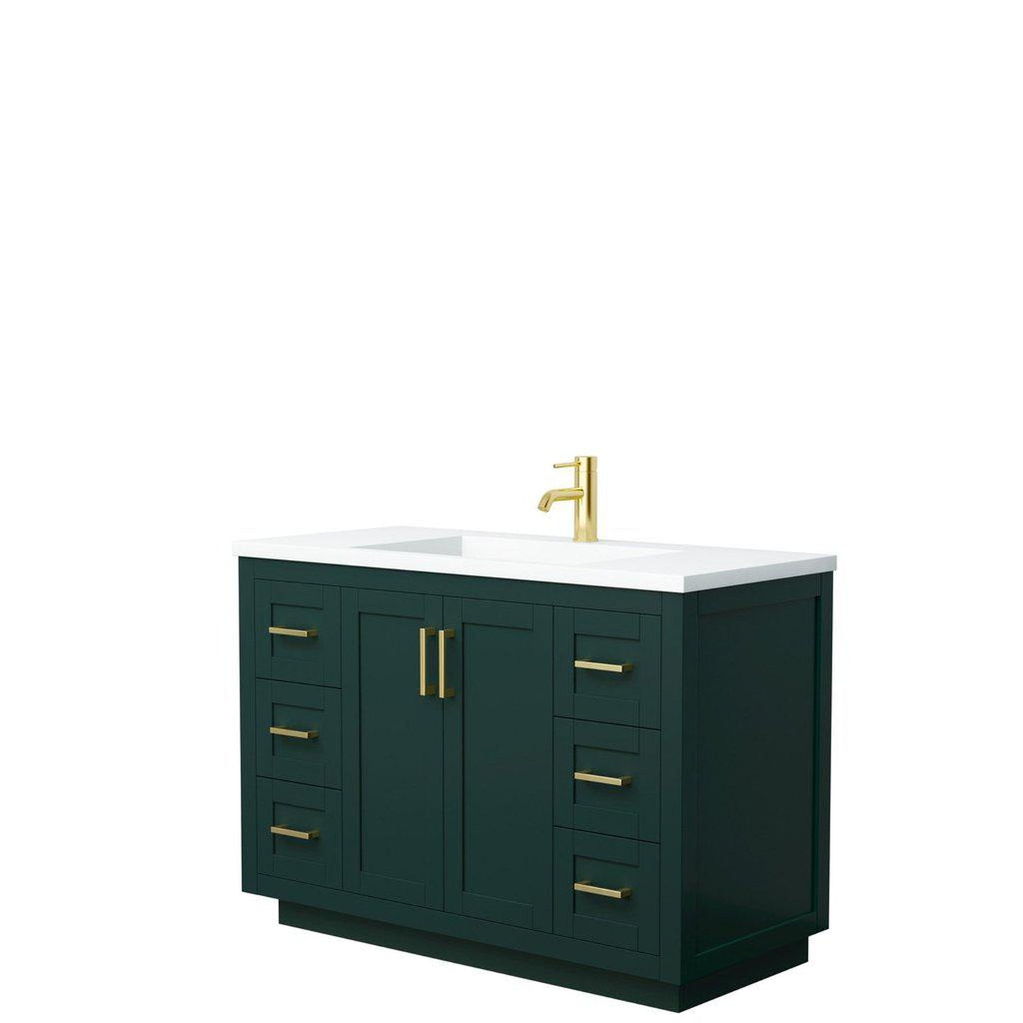 Wyndham Collection Miranda 48" Single Bathroom Green Vanity Set With 1.25" Thick Matte White Solid Surface Countertop, Integrated Sink, And Brushed Gold Trim