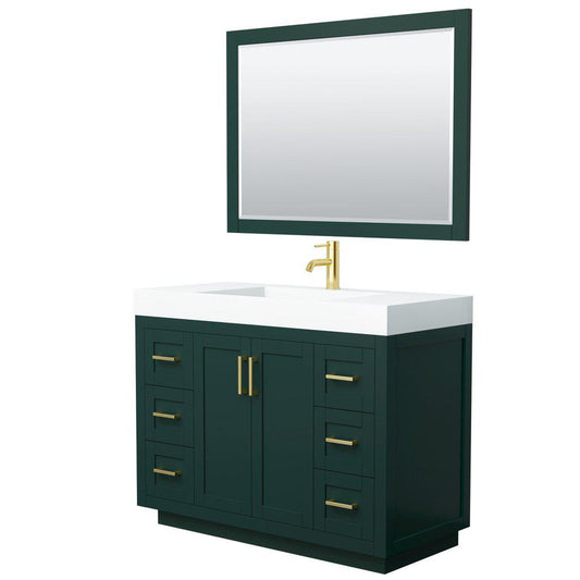 Wyndham Collection Miranda 48" Single Bathroom Green Vanity Set With 4" Thick Matte White Solid Surface Countertop, Integrated Sink, 46" Mirror And Brushed Gold Trim