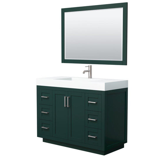 Wyndham Collection Miranda 48" Single Bathroom Green Vanity Set With 4" Thick Matte White Solid Surface Countertop, Integrated Sink, 46" Mirror And Brushed Nickel Trim