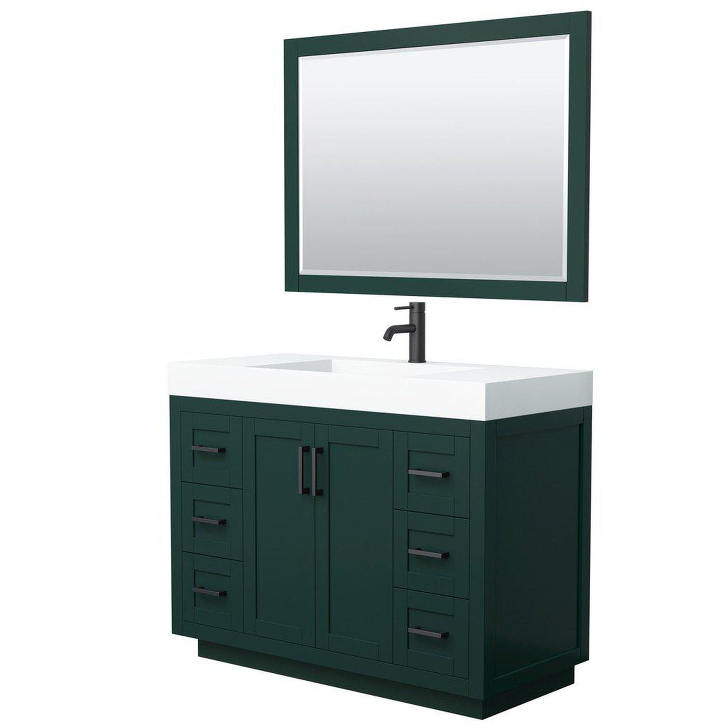 Wyndham Collection Miranda 48" Single Bathroom Green Vanity Set With 4" Thick Matte White Solid Surface Countertop, Integrated Sink, 46" Mirror And Matte Black Trim