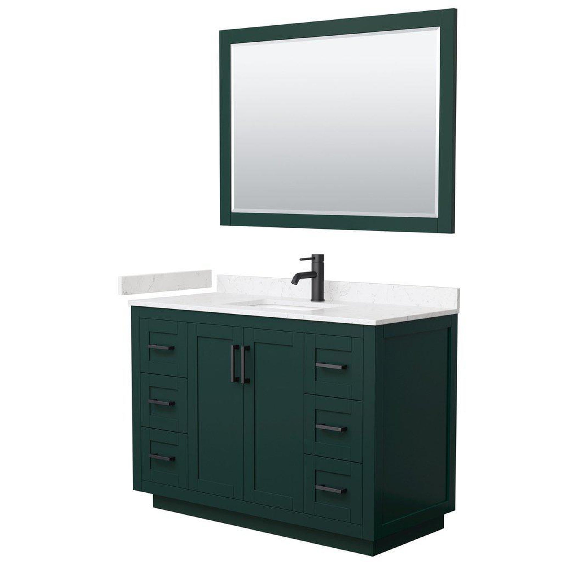 Wyndham Collection Miranda 48" Single Bathroom Green Vanity Set With Light-Vein Carrara Cultured Marble Countertop, Undermount Square Sink, 46" Mirror And Matte Black Trim