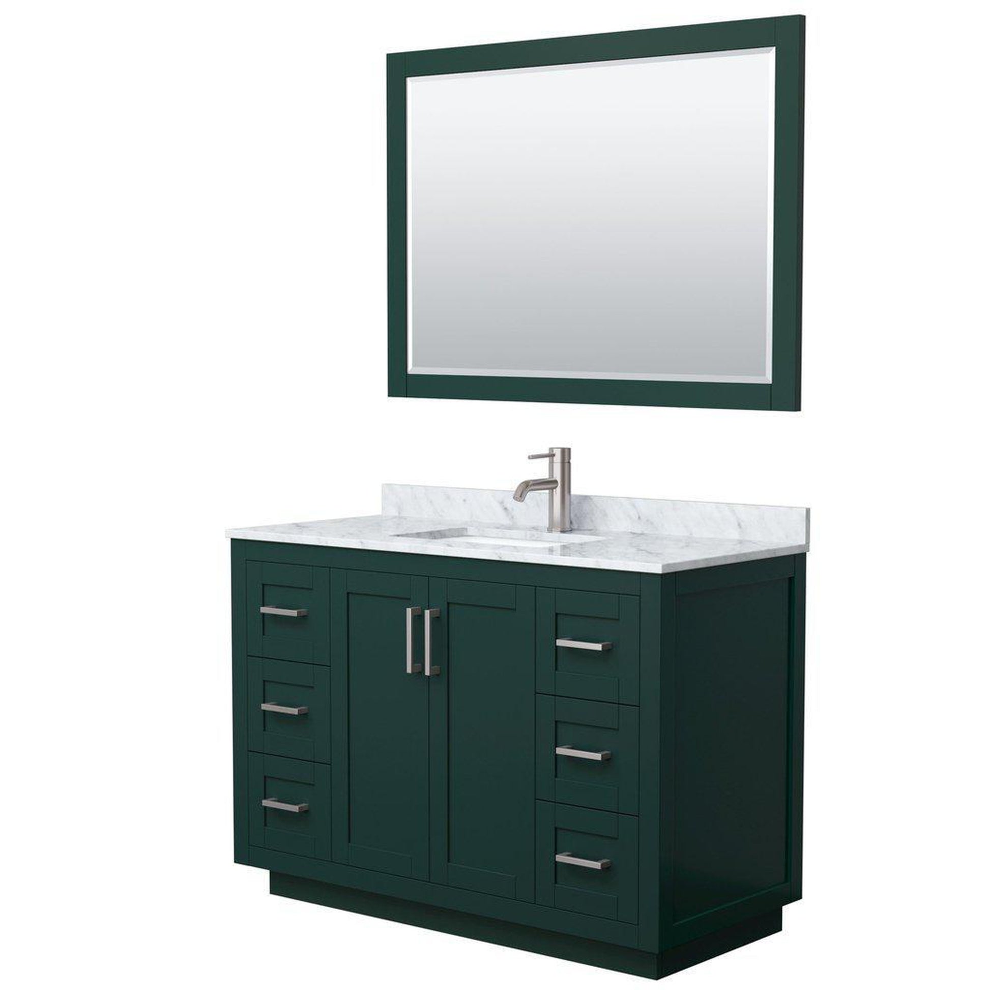 Wyndham Collection Miranda 48" Single Bathroom Green Vanity Set With White Carrara Marble Countertop, Undermount Square Sink, 46" Mirror And Brushed Nickel Trim
