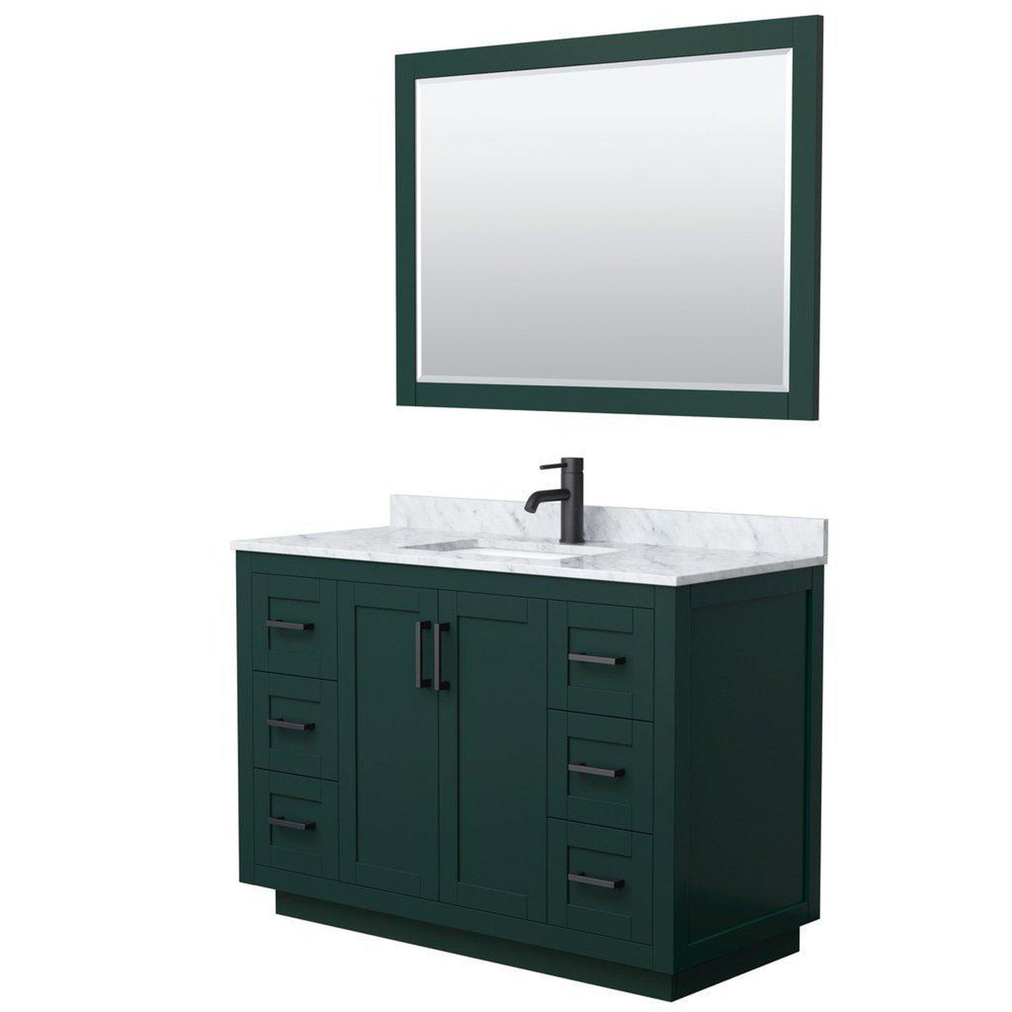 Wyndham Collection Miranda 48" Single Bathroom Green Vanity Set With White Carrara Marble Countertop, Undermount Square Sink, 46" Mirror And Matte Black Trim