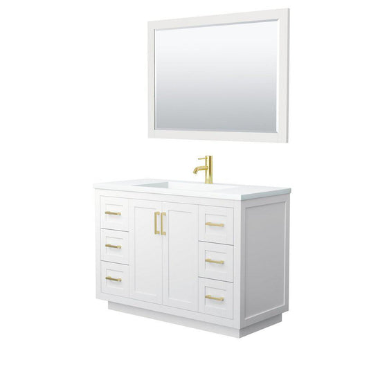 Wyndham Collection Miranda 48" Single Bathroom White Vanity Set With 1.25" Thick Matte White Solid Surface Countertop, Integrated Sink, 46" Mirror And Brushed Gold Trim