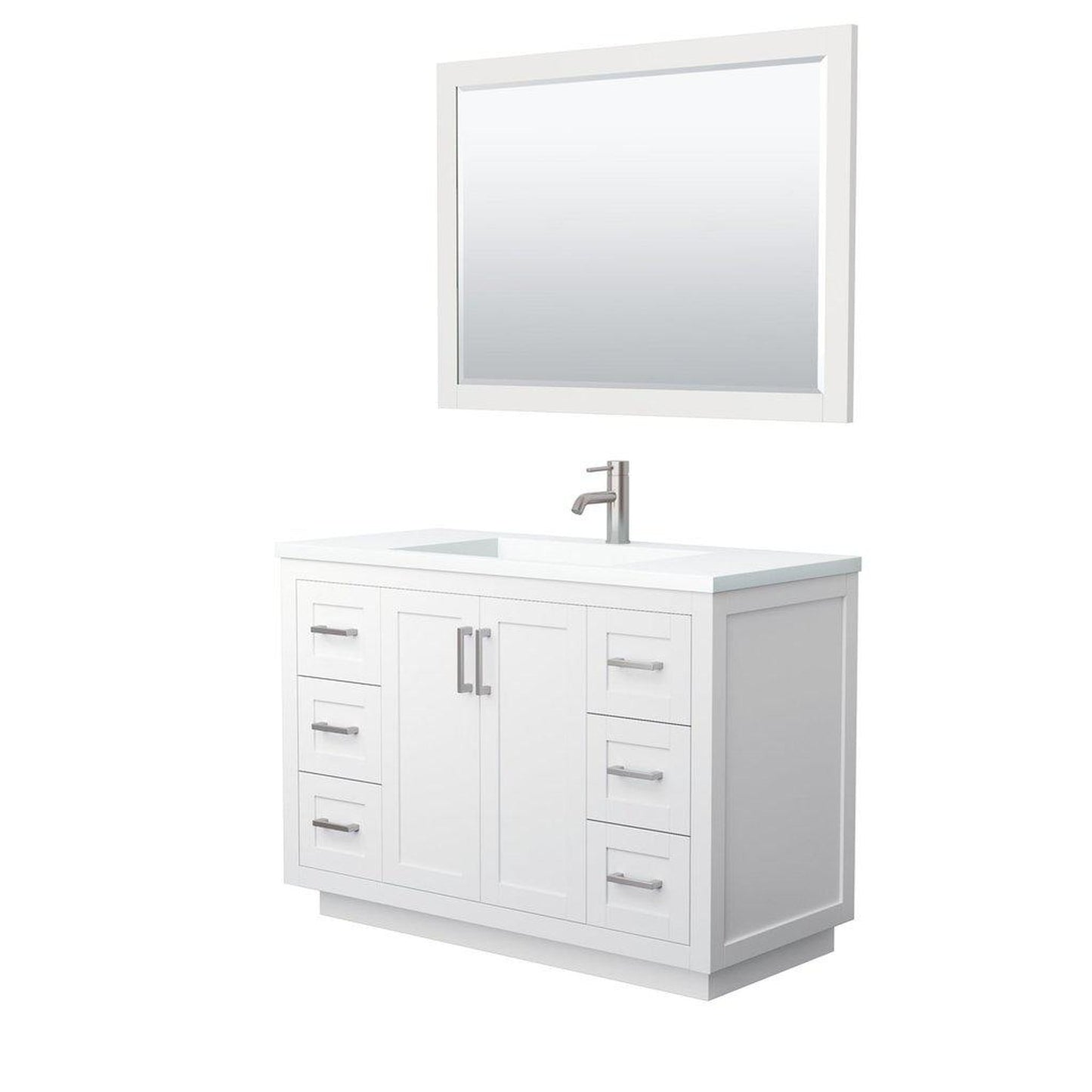 Wyndham Collection Miranda 48" Single Bathroom White Vanity Set With 1.25" Thick Matte White Solid Surface Countertop, Integrated Sink, 46" Mirror And Brushed Nickel Trim