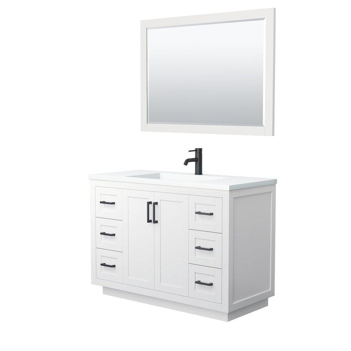 Wyndham Collection Miranda 48" Single Bathroom White Vanity Set With 1.25" Thick Matte White Solid Surface Countertop, Integrated Sink, 46" Mirror And Matte Black Trim