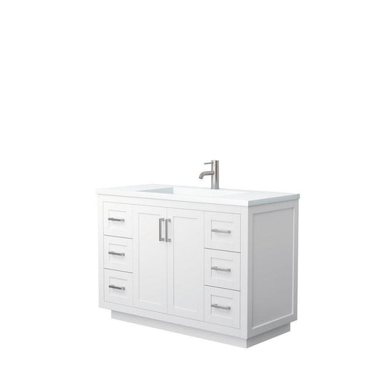Wyndham Collection Miranda 48" Single Bathroom White Vanity Set With 1.25" Thick Matte White Solid Surface Countertop, Integrated Sink, And Brushed Nickel Trim