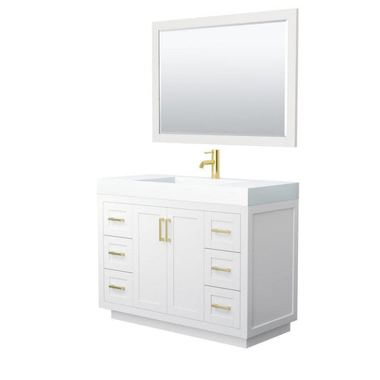 Wyndham Collection Miranda 48" Single Bathroom White Vanity Set With 4" Thick Matte White Solid Surface Countertop, Integrated Sink, 46" Mirror And Brushed Gold Trim