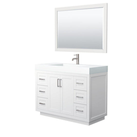 Wyndham Collection Miranda 48" Single Bathroom White Vanity Set With 4" Thick Matte White Solid Surface Countertop, Integrated Sink, 46" Mirror And Brushed Nickel Trim