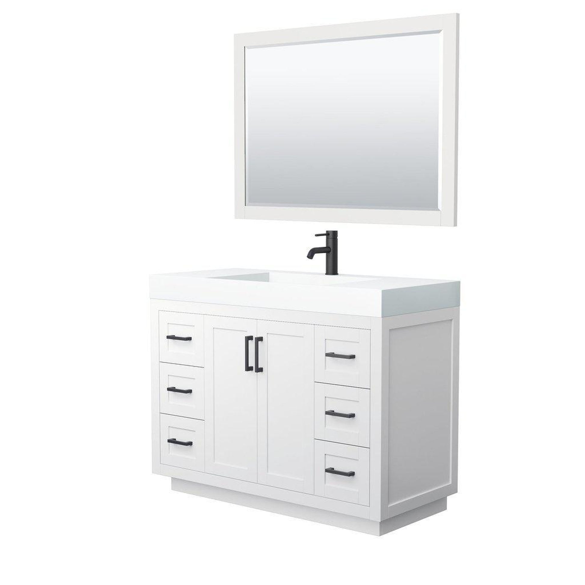 Wyndham Collection Miranda 48" Single Bathroom White Vanity Set With 4" Thick Matte White Solid Surface Countertop, Integrated Sink, 46" Mirror And Matte Black Trim