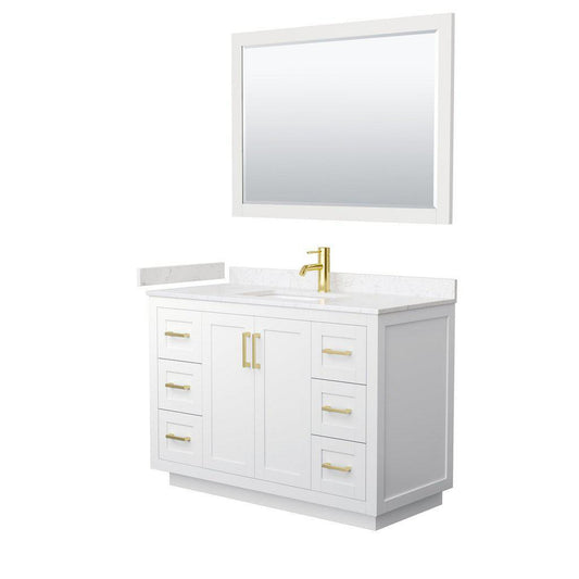 Wyndham Collection Miranda 48" Single Bathroom White Vanity Set With Light-Vein Carrara Cultured Marble Countertop, Undermount Square Sink, 46" Mirror And Brushed Gold Trim
