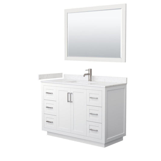 Wyndham Collection Miranda 48" Single Bathroom White Vanity Set With Light-Vein Carrara Cultured Marble Countertop, Undermount Square Sink, 46" Mirror And Brushed Nickel Trim