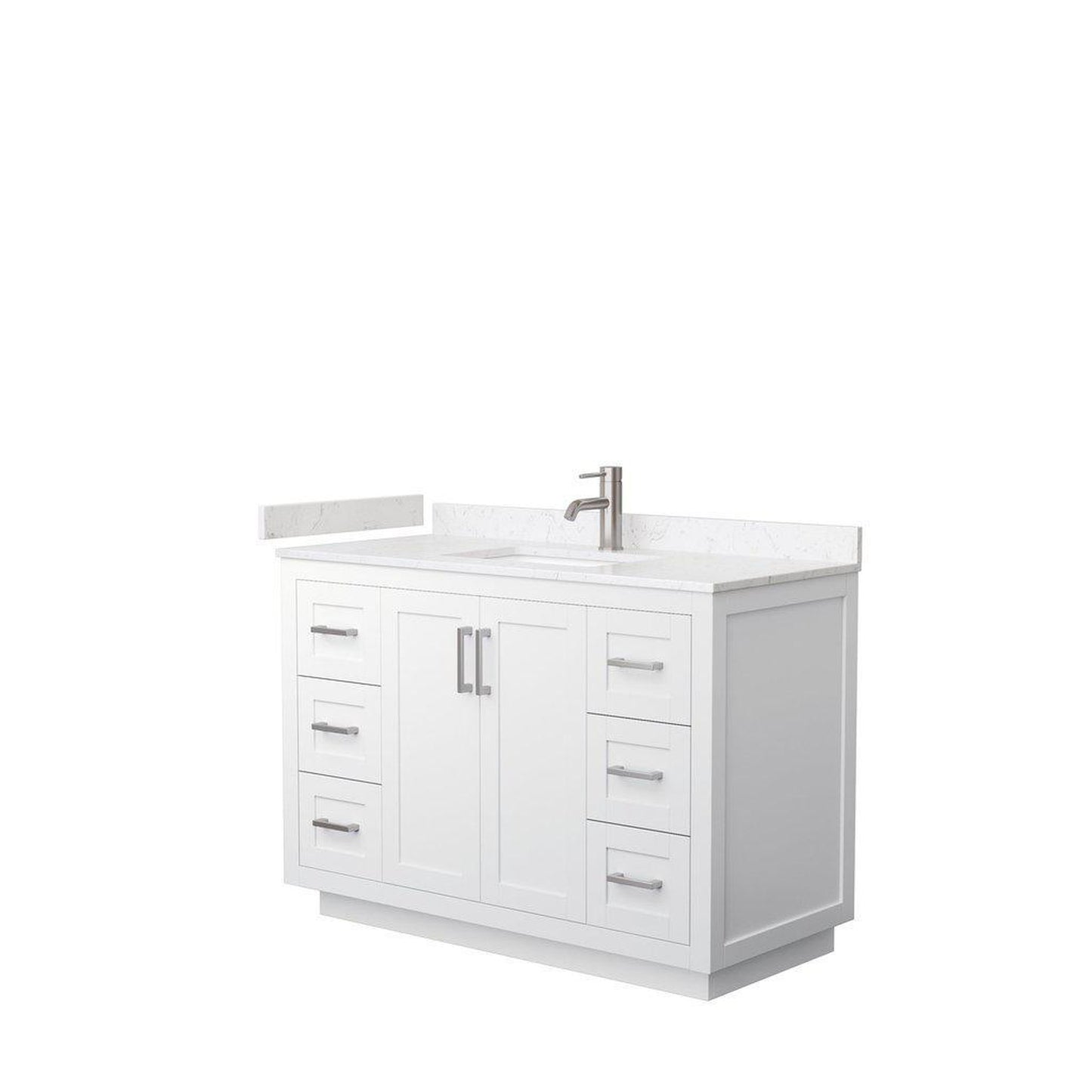 Wyndham Collection Miranda 48" Single Bathroom White Vanity Set With Light-Vein Carrara Cultured Marble Countertop, Undermount Square Sink, And Brushed Nickel Trim