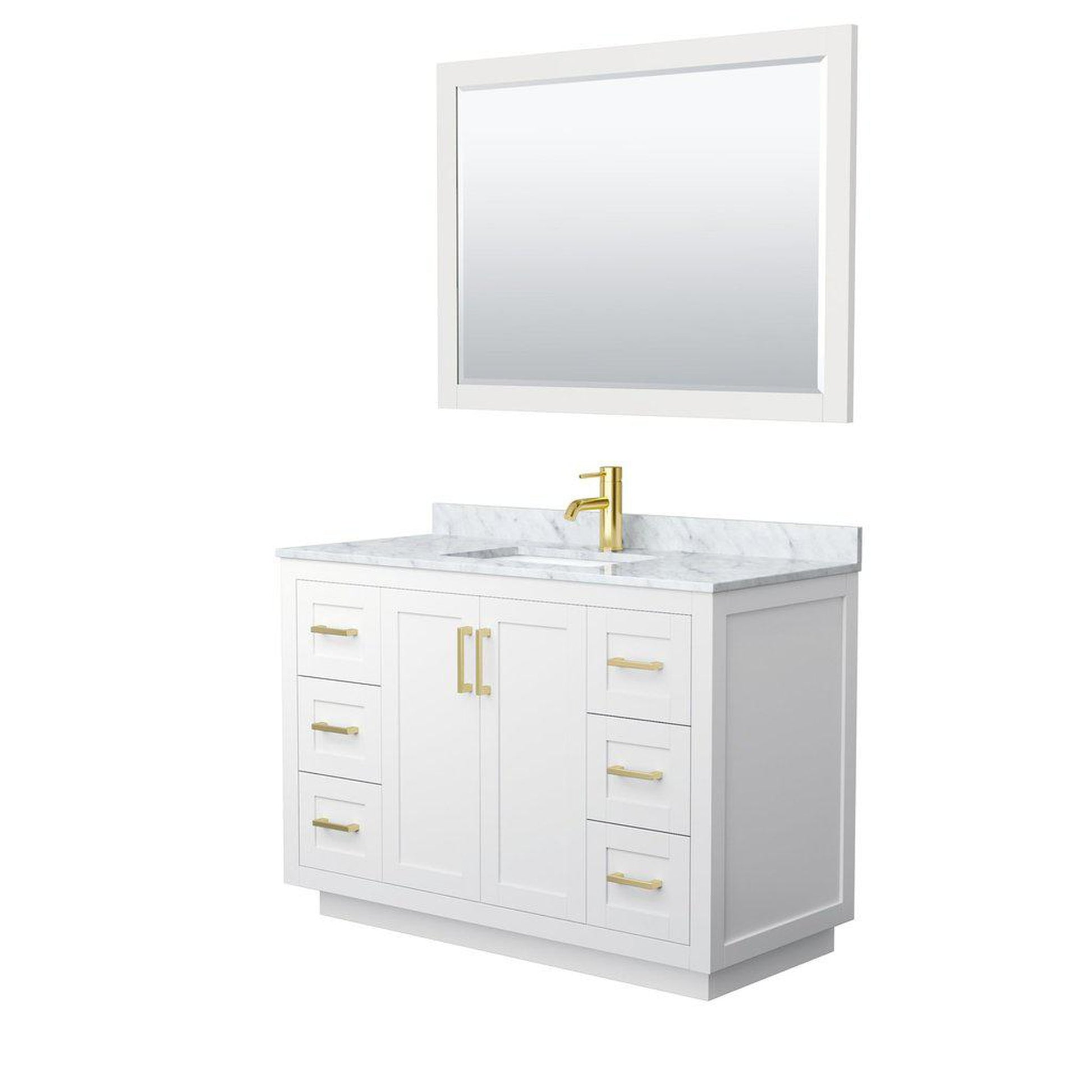 Wyndham Collection Miranda 48" Single Bathroom White Vanity Set With White Carrara Marble Countertop, Undermount Square Sink, 46" Mirror And Brushed Gold Trim