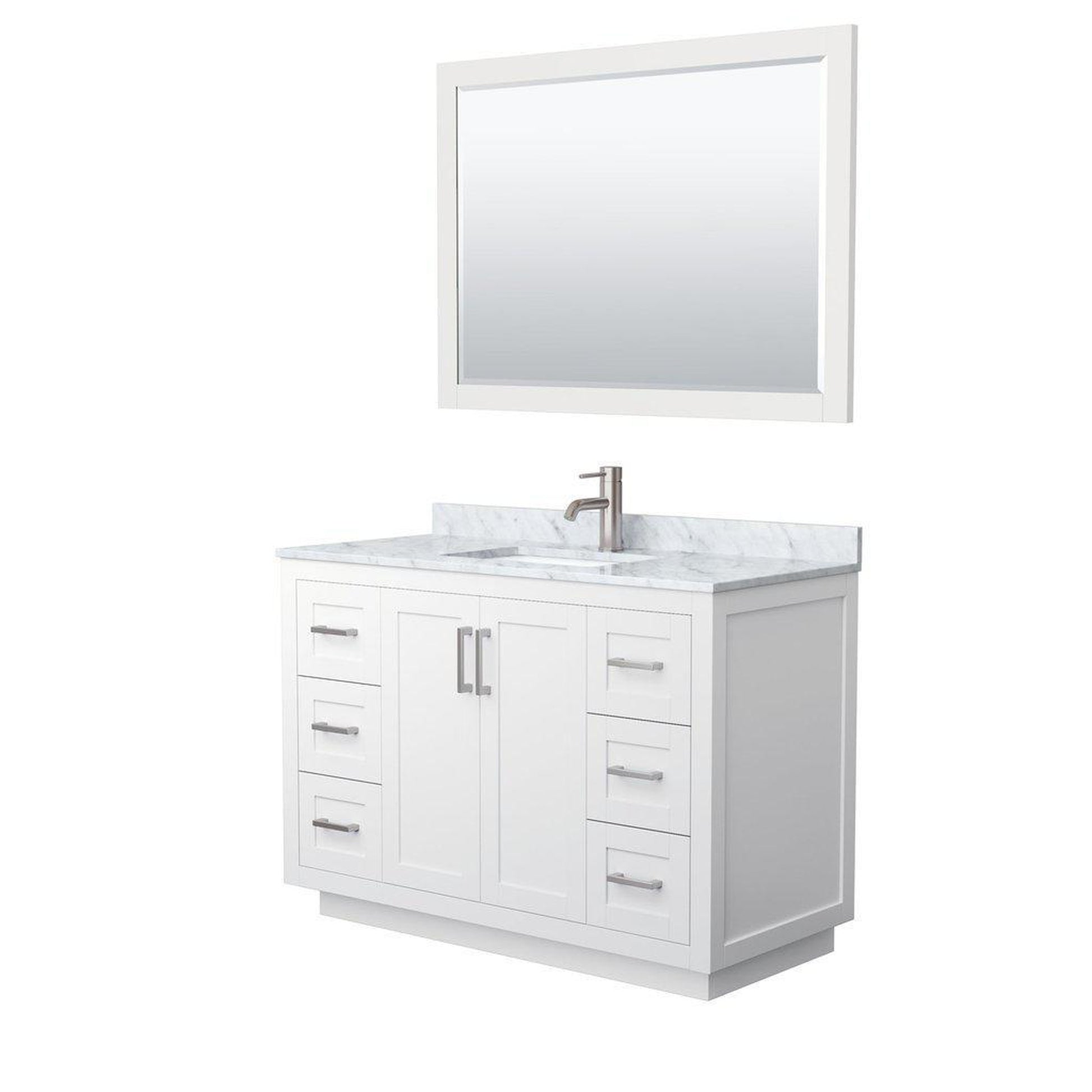 Wyndham Collection Miranda 48" Single Bathroom White Vanity Set With White Carrara Marble Countertop, Undermount Square Sink, 46" Mirror And Brushed Nickel Trim