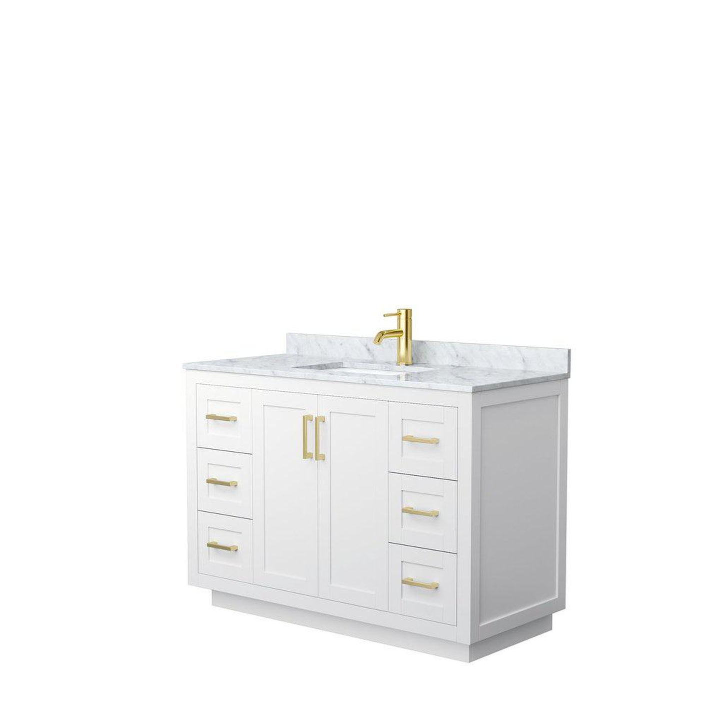 Wyndham Collection Miranda 48" Single Bathroom White Vanity Set With White Carrara Marble Countertop, Undermount Square Sink, And Brushed Gold Trim