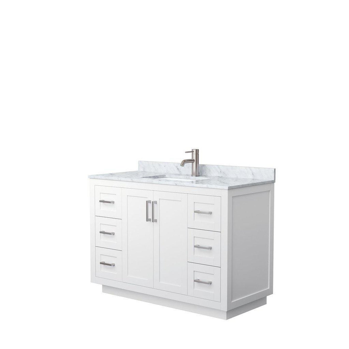 Wyndham Collection Miranda 48" Single Bathroom White Vanity Set With White Carrara Marble Countertop, Undermount Square Sink, And Brushed Nickel Trim