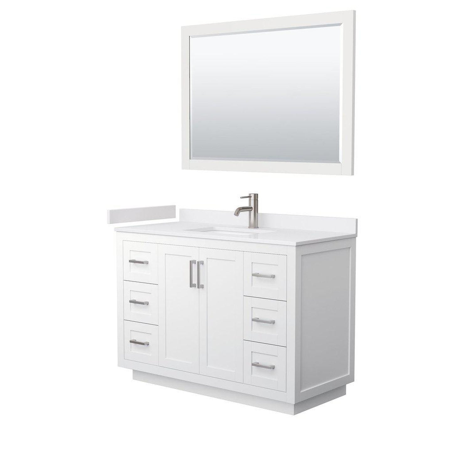 Wyndham Collection Miranda 48" Single Bathroom White Vanity Set With White Cultured Marble Countertop, Undermount Square Sink, 46" Mirror And Brushed Nickel Trim