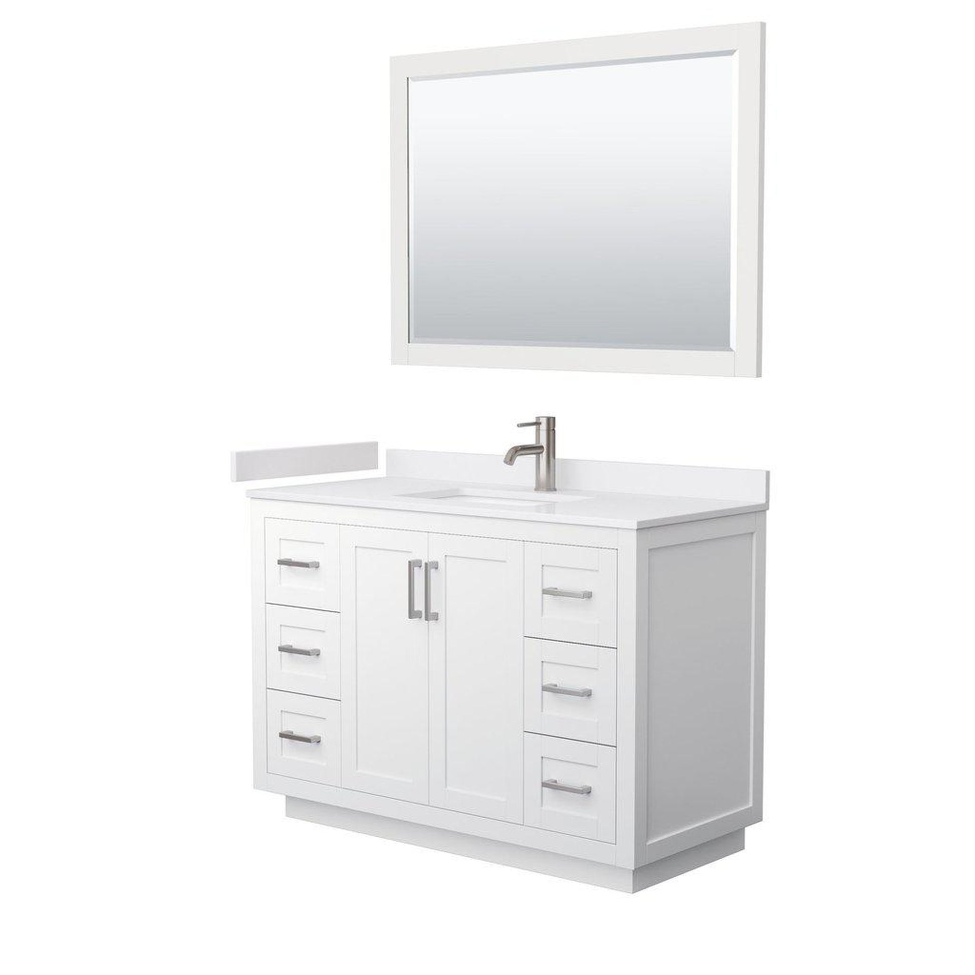 Wyndham Collection Miranda 48" Single Bathroom White Vanity Set With White Cultured Marble Countertop, Undermount Square Sink, 46" Mirror And Brushed Nickel Trim