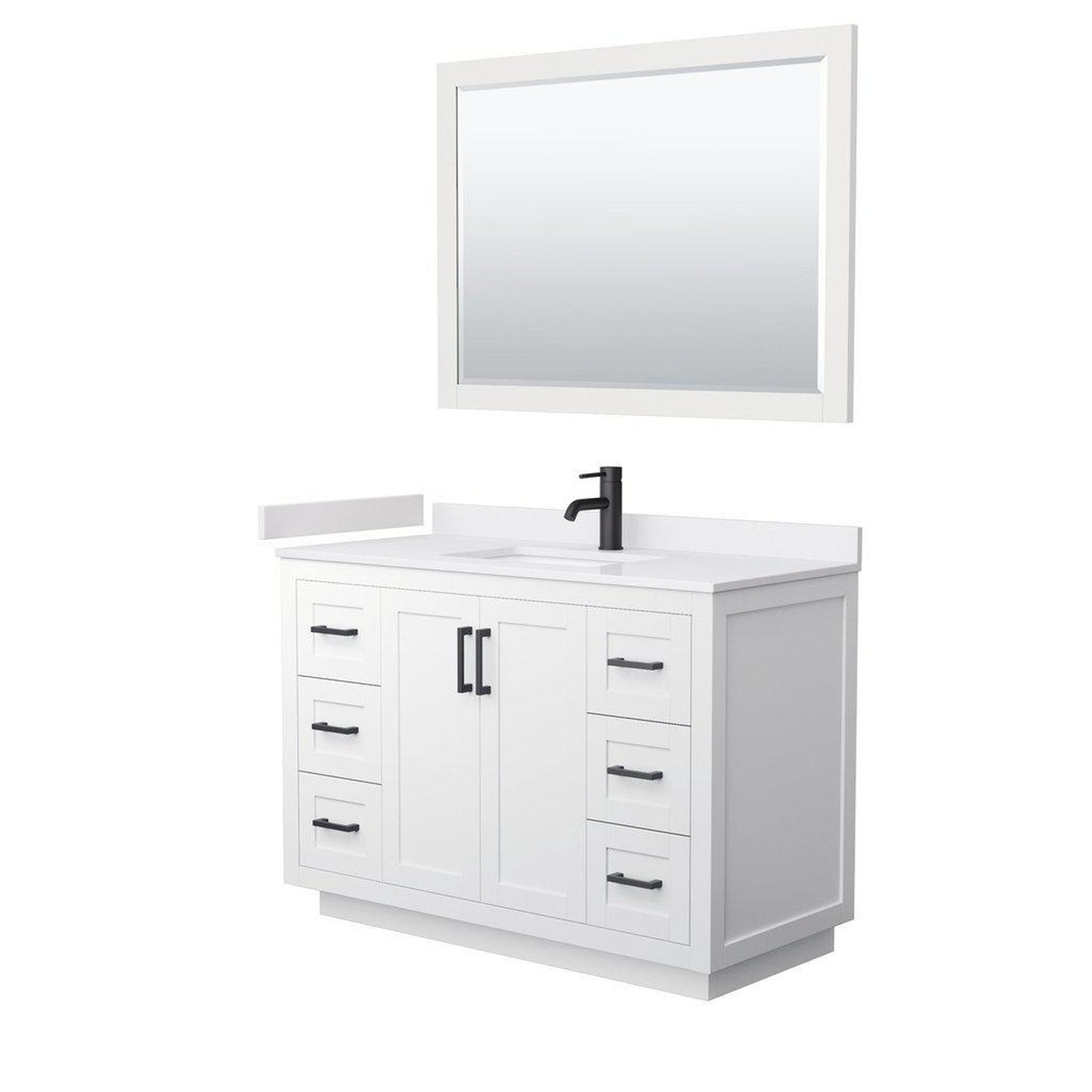 Wyndham Collection Miranda 48" Single Bathroom White Vanity Set With White Cultured Marble Countertop, Undermount Square Sink, 46" Mirror And Matte Black Trim