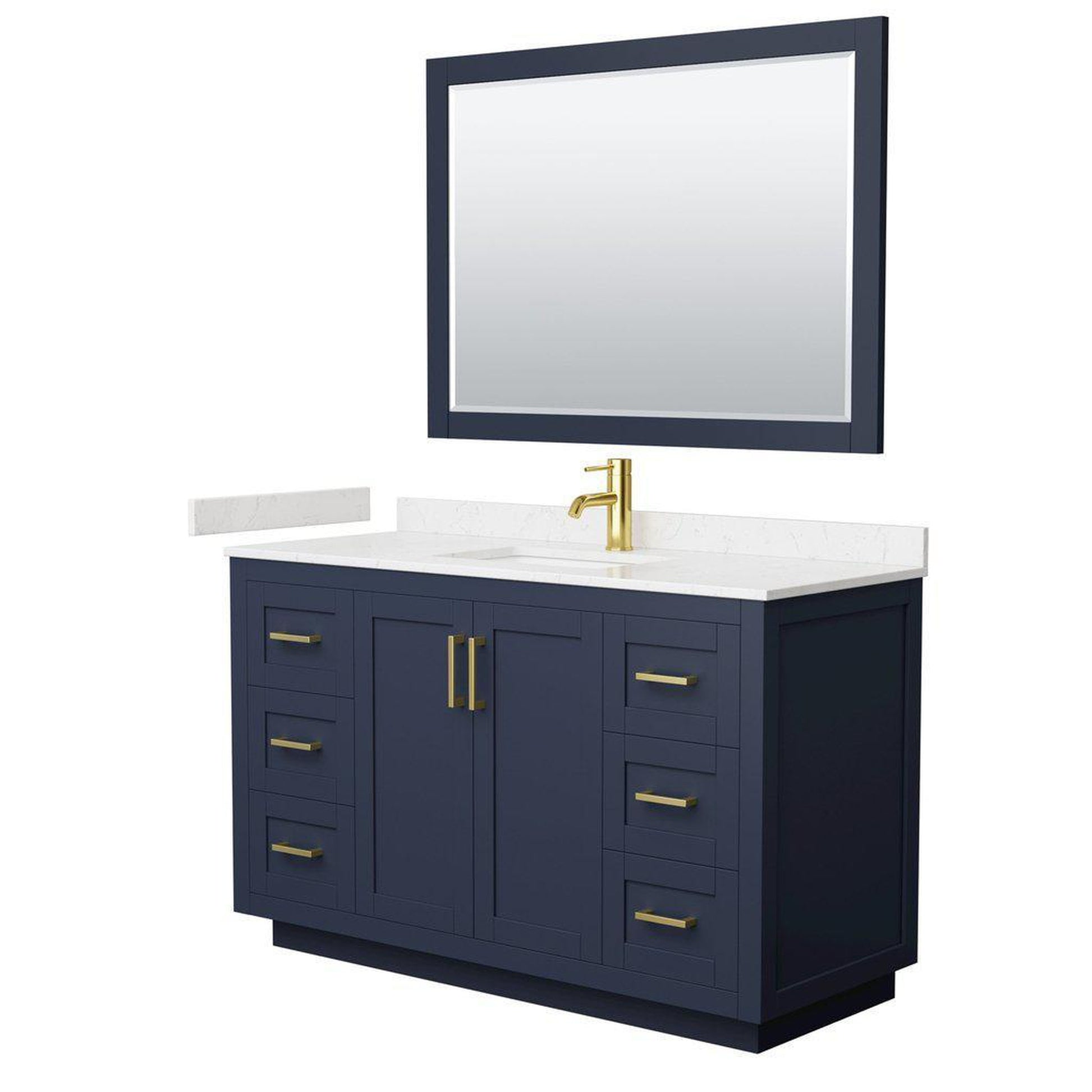 Wyndham Collection Miranda 54" Single Bathroom Dark Blue Vanity Set With Light-Vein Carrara Cultured Marble Countertop, Undermount Square Sink, 46" Mirror And Brushed Gold Trim