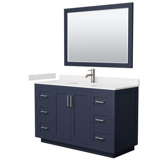 Wyndham Collection Miranda 54" Single Bathroom Dark Blue Vanity Set With Light-Vein Carrara Cultured Marble Countertop, Undermount Square Sink, 46" Mirror And Brushed Nickel Trim