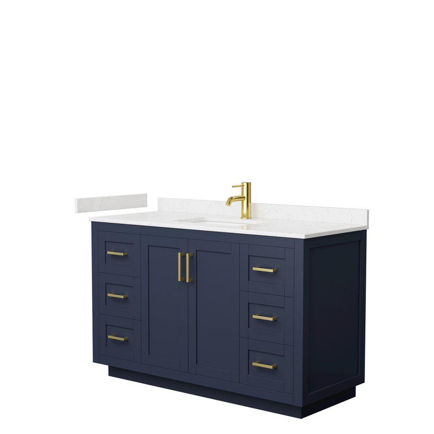 Wyndham Collection Miranda 54" Single Bathroom Dark Blue Vanity Set With Light-Vein Carrara Cultured Marble Countertop, Undermount Square Sink, And Brushed Gold Trim